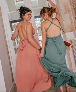 Robe longue dos nu multilook en viscose froissée femme